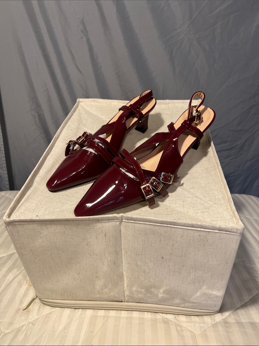 SHEIN Burgundy Patent Pointed Slingback Heels with Buckles